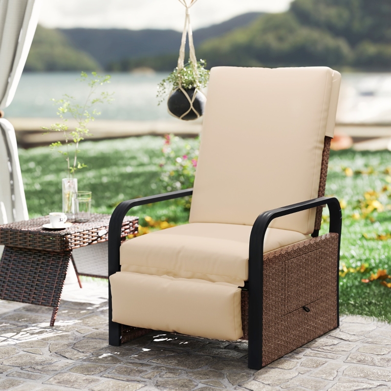 Best 140° Reclining Rattan Armchair - Brown/Khaki - Image 9