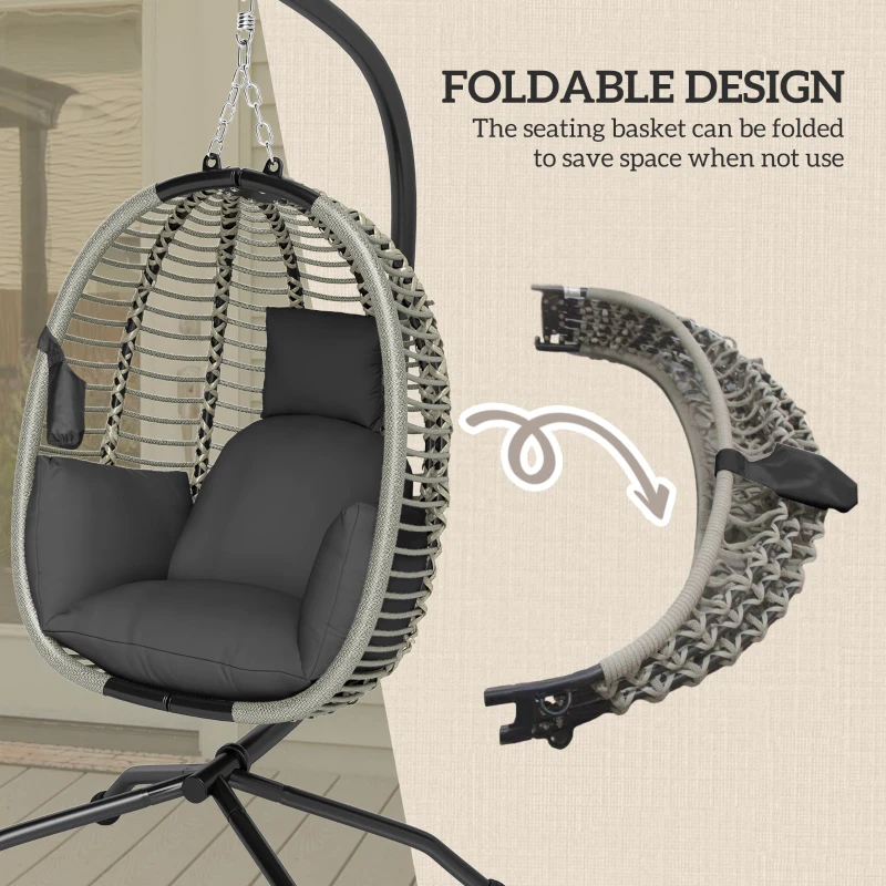 Best Outdoor Swing Chair with Thick Padded Cushion, Patio Hanging Egg Chair with Metal Stand, Foldable Basket, Cup Holder, Rope Structure for Indoor & Outdoor, Dark Grey - Image 5