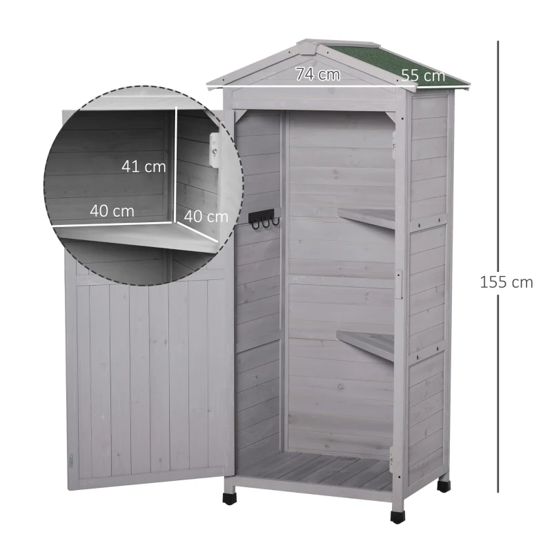 Best Wooden Garden Shed, Outdoor Storage Cabinet with 2 Shelves and Hooks, Locking Organiser Outdoor Narrow Tool House, 74x55x155cm, Grey - Image 3