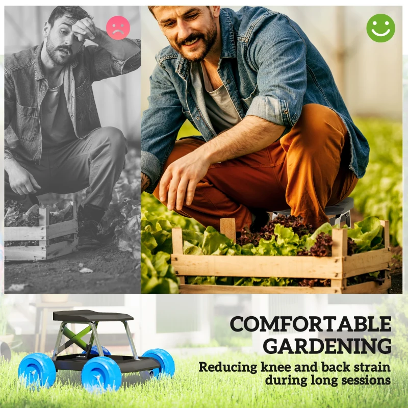 Best Garden Cart with Wheels, Garden Stool Trolley with Tool Tray, Rolling Garden Seat for Weeding, Planting, Blue - Image 4