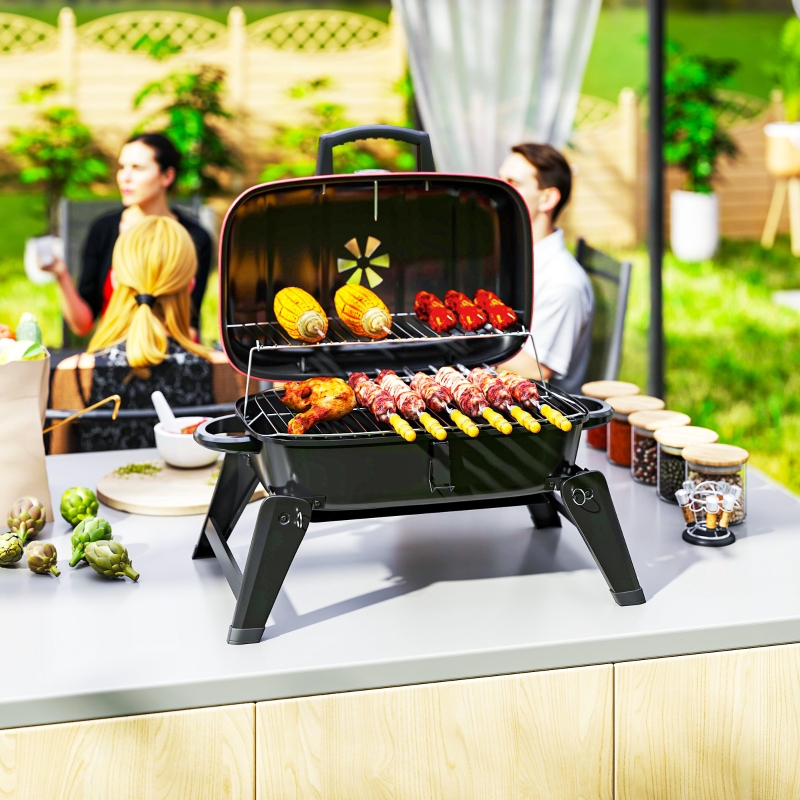 Best Charcoal Barbecue Grill Folding BBQ Grill with 1232 cm² Cooking Area, Adjustable Vent, Thermometer, Handles for Camping Picnic, Red - Image 9