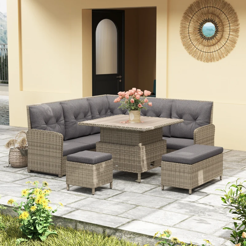 Best 6 Pieces Outdoor PE Rattan Garden Furniture, Patio Wicker Sectional Conversation Corner Sofa w/ Soft Padded Cushion & Liftable Coffee Table, Light Grey - Image 2