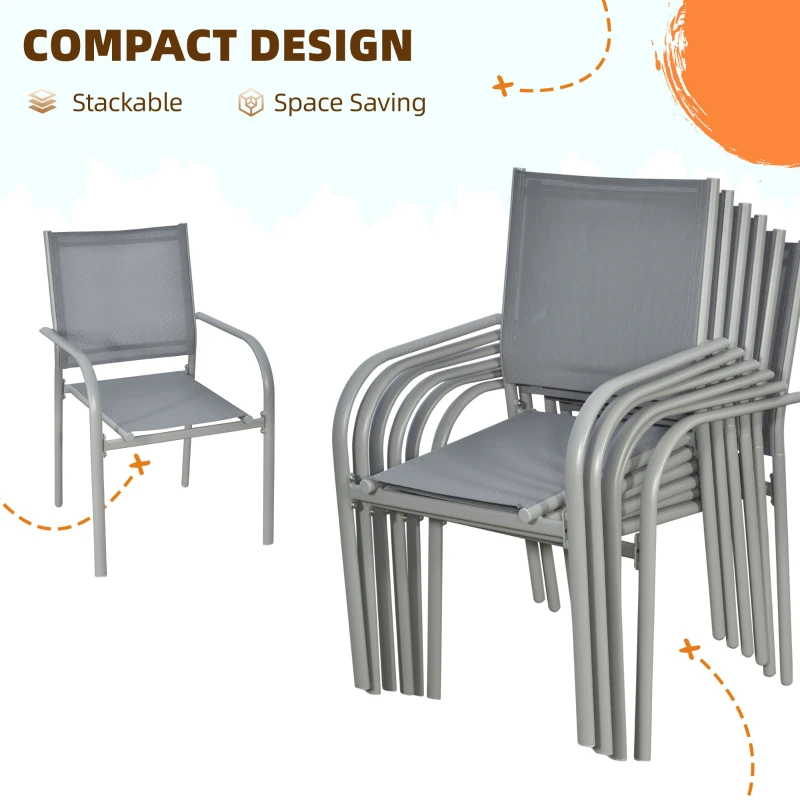 Best 7 Piece Garden Dining Set, Outdoor Table and 6 Stackable Chairs, Steel Frame, Tempered Glass Top Table, Mesh Seats, Grey - Image 5