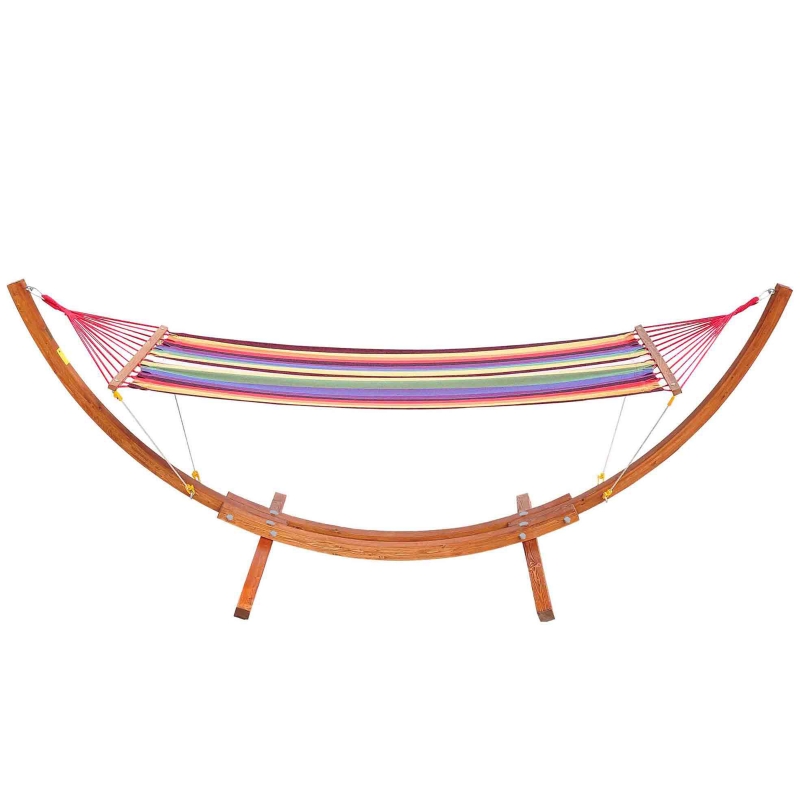 Best Outdoor Hammock with Stand, Free Standing Hammock with Arc Wooden Frame and 200 x 100cm Fabric, Garden Swing Hanging Bed with Safe Ropes, Multicolour - Image 11