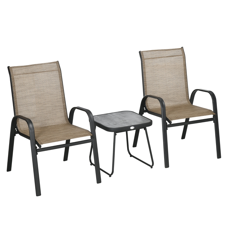 Best 3 Pieces Outdoor Bistro Set, Patio Stackable Armchairs with Breathable Mesh Fabric and SPC Board Coffee Table, Brown - Image 11