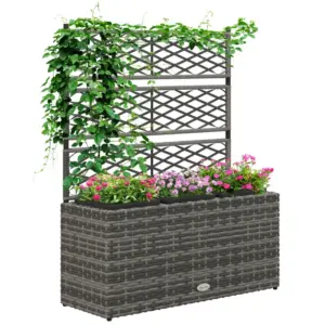 Best 33L Garden PE Rattan Planter with Trellis, Free Standing Flower Raised Bed for Garden, Garden Planter for Climbing Plants, 84cm x 30cm x 107cm, Light Grey