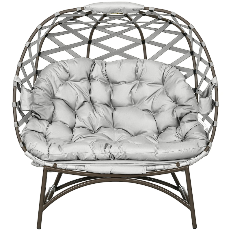 Best 2 Seater Egg Chair Outdoor, Folding Weave Garden Furniture Chair with Cushion, Cup Pockets - Light Grey - Image 11