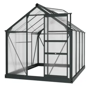 Best 6 x 8ft Polycarbonate Greenhouse, Large Walk-In Green House with Slide Door and Window, Garden Plants Grow House with Aluminium Frame and Foundation, Grey