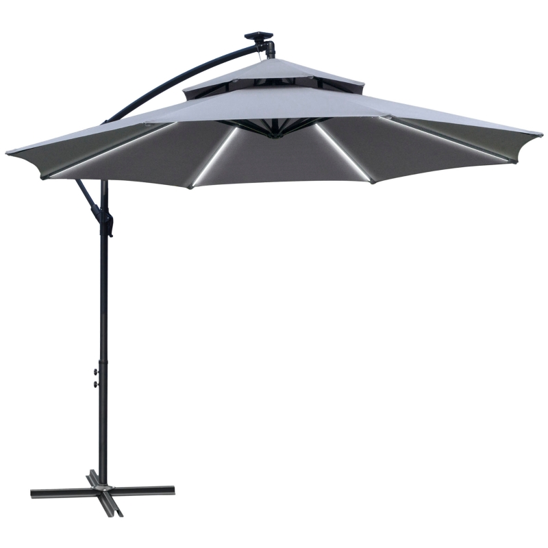 Best 3(m) Cantilever Banana Parasol Hanging Umbrella with Double Roof, LED Solar lights, Crank, 8 Sturdy Ribs and Cross Base for Outdoor, Garden, Patio, Grey - Image 11