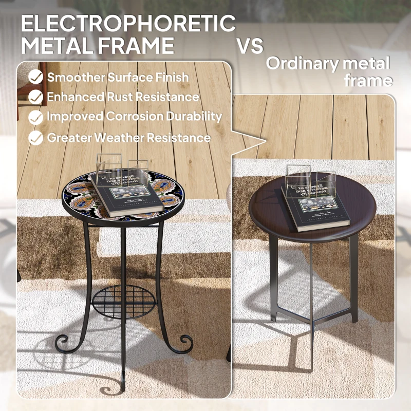 Best Mosaic Garden Table, 35.5 cm Round Outdoor Table with Shelf, Ceramic Tile Top, Small Garden Side Table Bistro Table End Table Plant Stand for Indoor, Patio, Balcony, Orange - Image 6