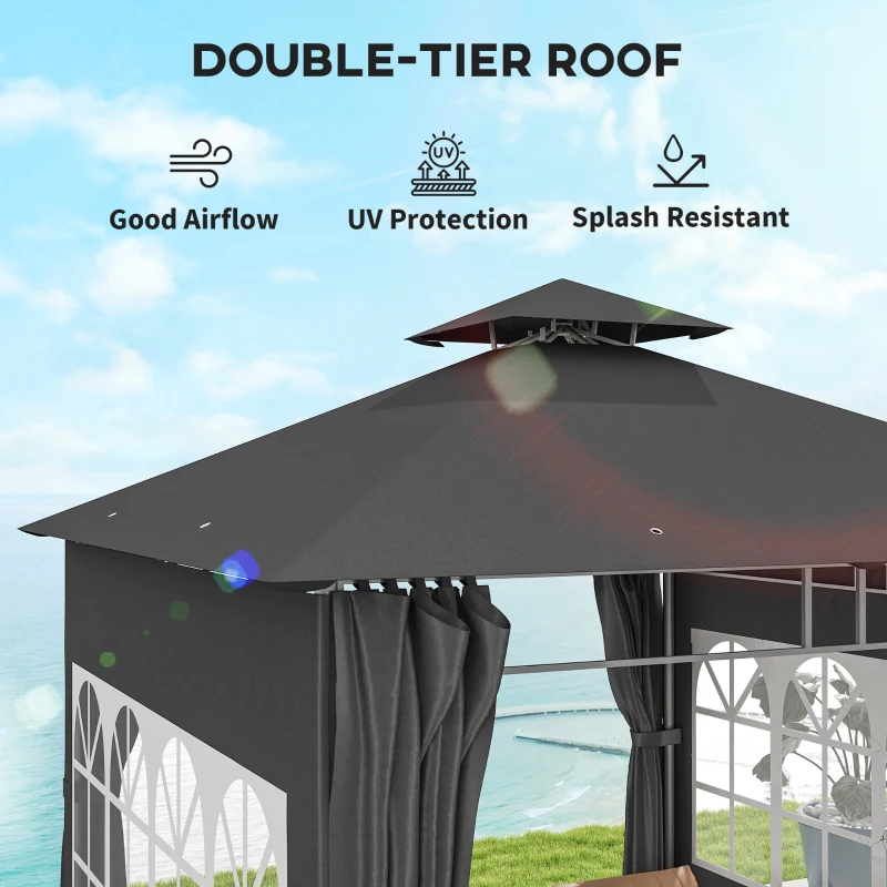 Best 3 x 3 m Garden Gazebo, Double Roof Metal Gazebo with Removable Sidewalls and Church Windows, Outdoor Canopy Shelter, Dark Grey - Image 5