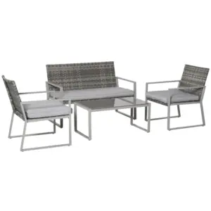 Best 4PC Rattan Garden Furniture Set 2 Single Sofa Arm Chairs 1 Bench with Cushions & Coffee Table Patio Backyard Wicker Weave