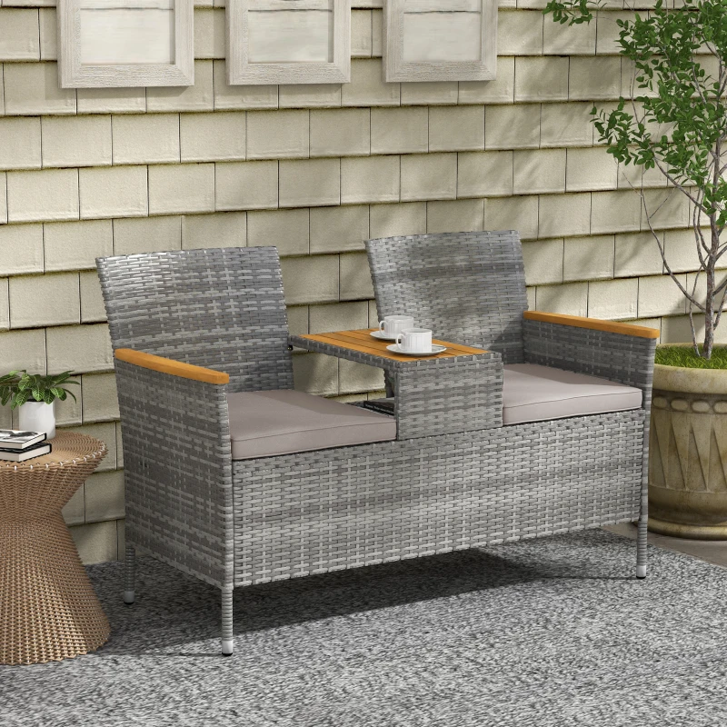 Best Two-Seat Rattan Loveseat, with Wood-Top Middle Table - Grey - Image 2
