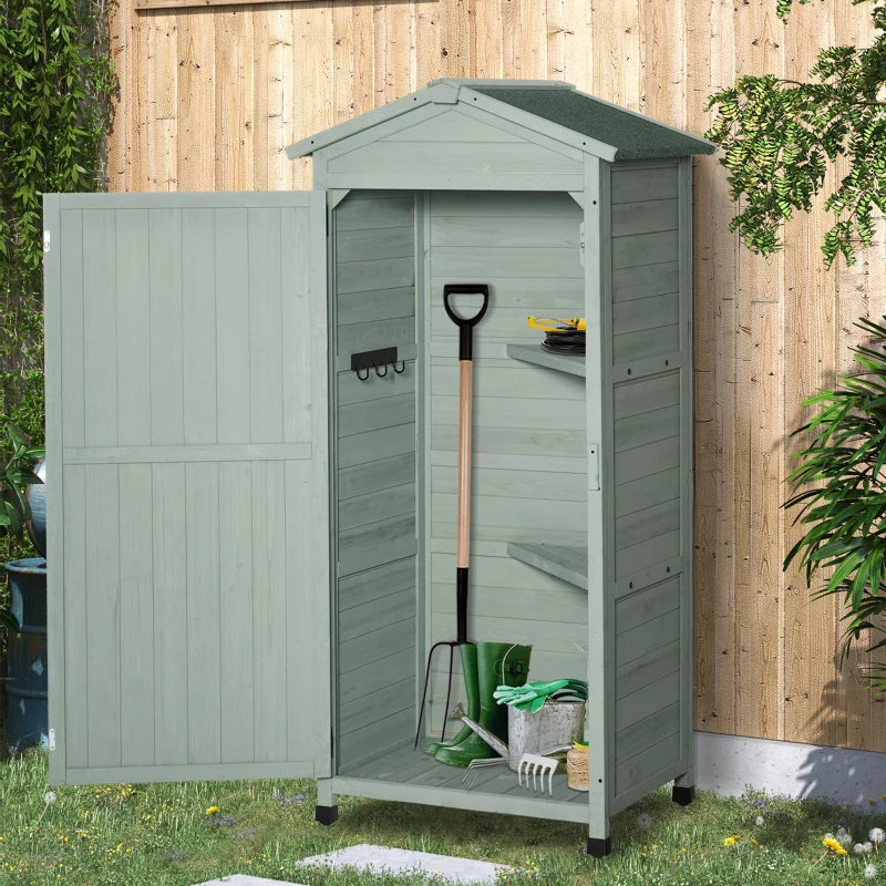 Best Wooden Garden Shed, Outdoor Storage Cabinet with 2 Shelves and Hooks, Locking Organiser Outdoor Narrow Tool House, 74x55x155cm, Green - Image 2