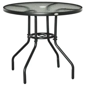 Best Outdoor φ80cm Round Dining Table Tempered Glass Top Steel Frame Bistro Coffee End Side Table Garden w/ Parasol Hole