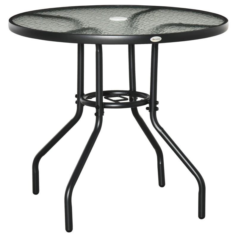 Best Outdoor φ80cm Round Dining Table Tempered Glass Top Steel Frame Bistro Coffee End Side Table Garden w/ Parasol Hole
