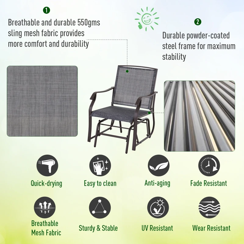 Best Glider Rocking Chair & Table Set 2 Single Seaters Rocker Garden Swing Chair Patio Furniture Bistro Set Grey - Image 4