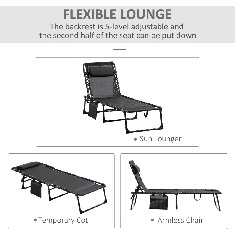 Best Portable Sun Lounger, Folding Camping Bed Cot, Reclining Lounge Chair 5-position Adjustable Backrest with Side Pocket, Pillow for Patio Garden Beach Pool, Black - Image 4
