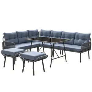 Best 6 Piece Rattan Garden Furniture Set, 8 Seater Garden Corner Sofa with Cushions and Glass Top Table, Sectional Outdoor Furniture Conservatory Set for Patio, Charcoal Grey