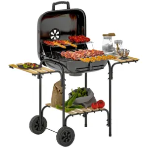 Best Charcoal Barbecue Grill Portable BBQ Grill with 1840 cm² Cooking Area, 3 Shelves, Adjustable Vent, Lockable Lid, Wheels for Outdoor Cooking, Garden Party, Black