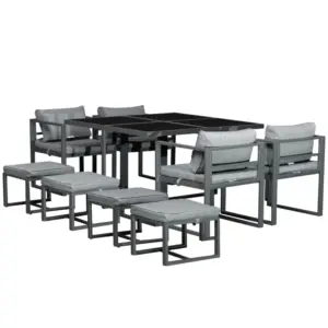 Best 9PCs Patio Aluminium Dining Set, Space Saving Cube Set with 4 Chairs, 4 Ottoman, Cushions, 8 Seater Garden Furniture