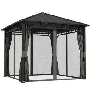 Best 3 x 3(m) Hardtop Gazebo with Galvanised Steel Roof and Water Gutter, Waterproof Permanent Pavilion Garden Gazebo with Netting and Curtains for Patio, Deck