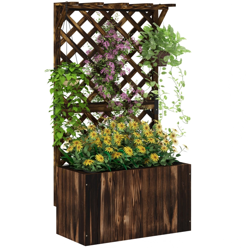 Best Wooden Planter with Trellis, Freestanding Raised Garden Bed with Drainage Holes, Outdoor Planter Box with Liner for Vegetables, Herbs and Flowers, Carbonised - Image 11