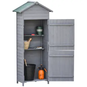 Best Wooden Garden Storage Shed Utility Gardener Cabinet w/ 3 Shelves, Tilted-felt Roof and Two Lockable Doors, 79cm x 49cm x 191.5cm, Dark Grey