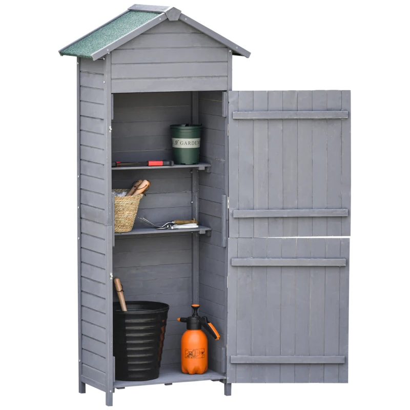 Best Wooden Garden Storage Shed Utility Gardener Cabinet w/ 3 Shelves, Tilted-felt Roof and Two Lockable Doors, 79cm x 49cm x 191.5cm, Dark Grey