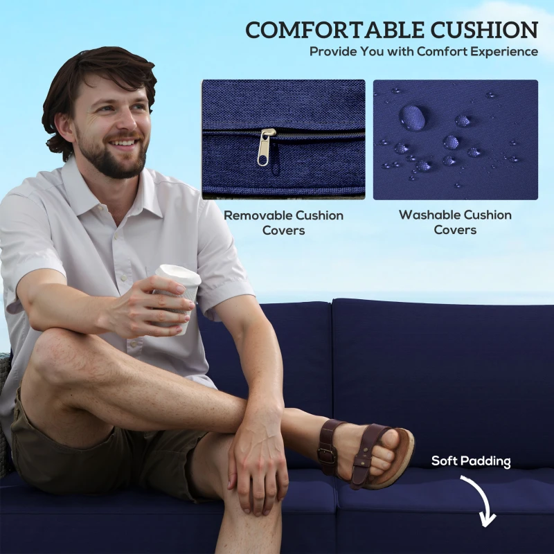 Best 3 Pieces PE Rattan Garden Furniture Set with 10 cm Thick Cushions, 4 Seater Garden Corner Sofa Set with Glass Top Coffee Table, Outdoor Furniture for Patio, Porch, Blue - Image 5