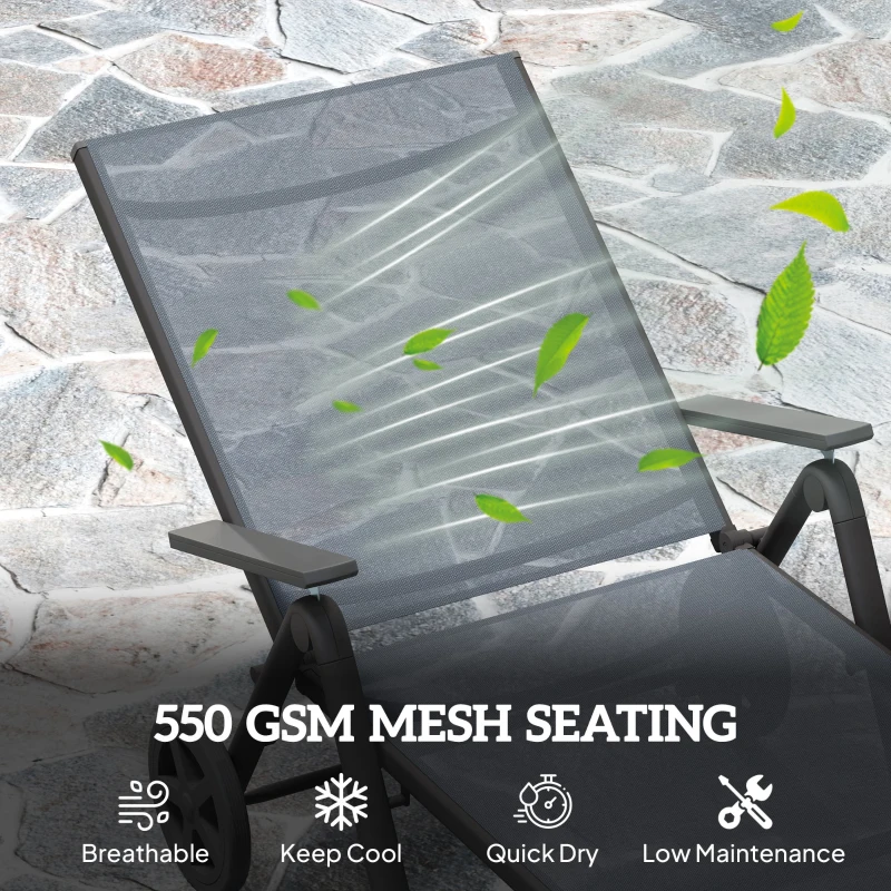 Best Folding Sun Lounger with Wheels, 5-Position Adjustable Garden Chaise Lounge Sunbed with Armrests, Metal Frame Outdoor Portable Reclining Chair for Beach, Porch, Grey - Image 6