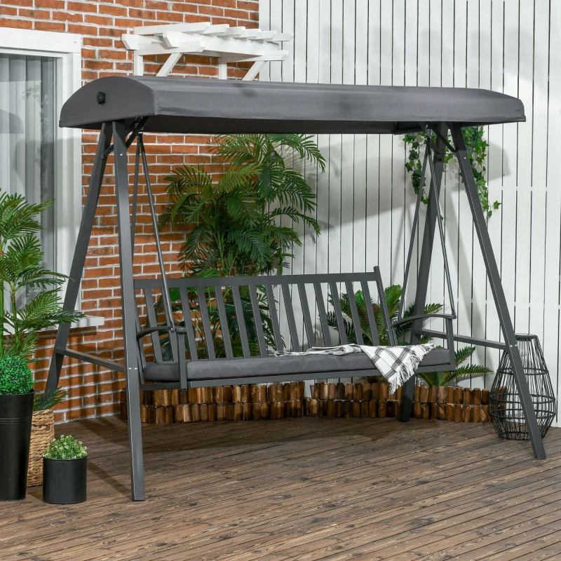 Best 3-Seat Garden Swing Chair, Outdoor Canopy Swing with Removable Cushion, Adjustable Shade, and Slatted Bench, for Porch, Poolside, Backyard, Dark Grey - Image 2