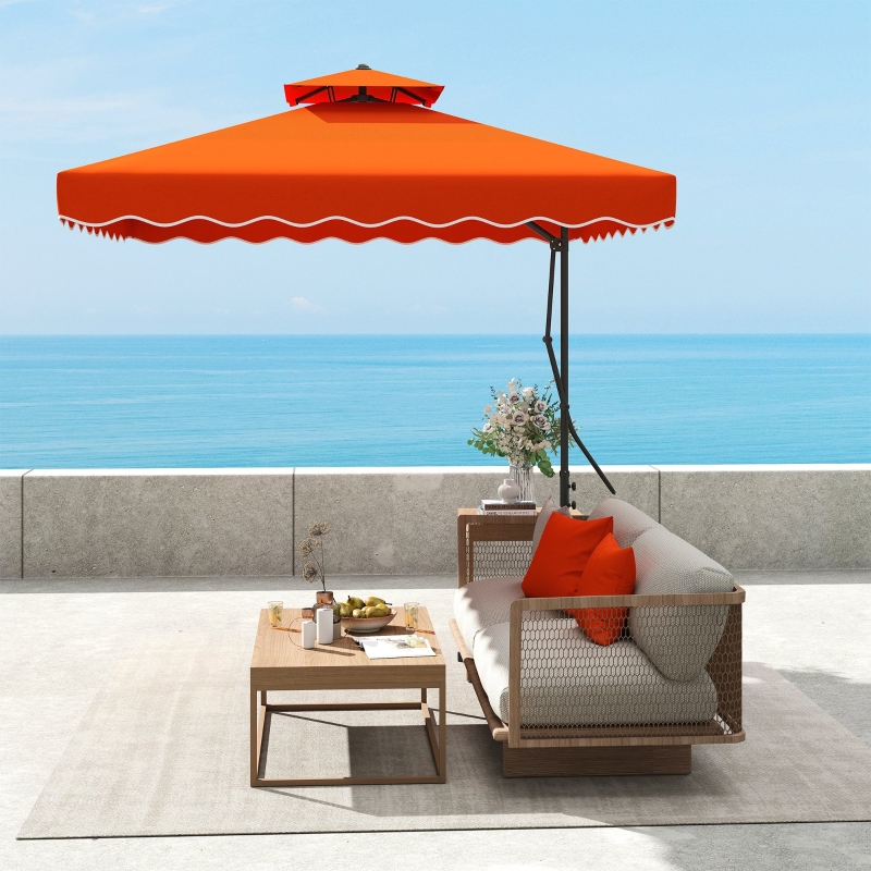 Best 2.5m Cantilever Parasol with Easy Lever, Square Double Top Garden Parasol Umbrella with Ruffles and Cross Base, Overhanging Outdoor Sun Shades, Orange - Image 9