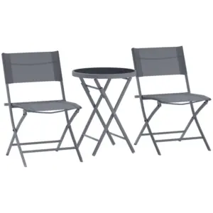 Best 3 Pieces Outdoor Bistro Set, Glass Top Outdoor Table and 2 Folding Chairs with Protecting Feet, Grey