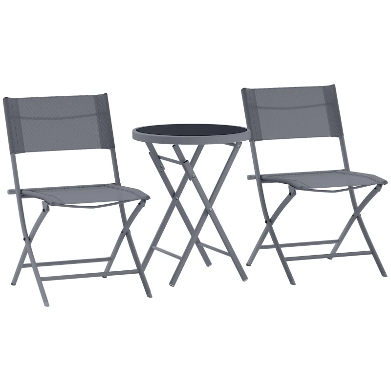 Best 3 Pieces Outdoor Bistro Set, Glass Top Outdoor Table and 2 Folding Chairs with Protecting Feet, Grey