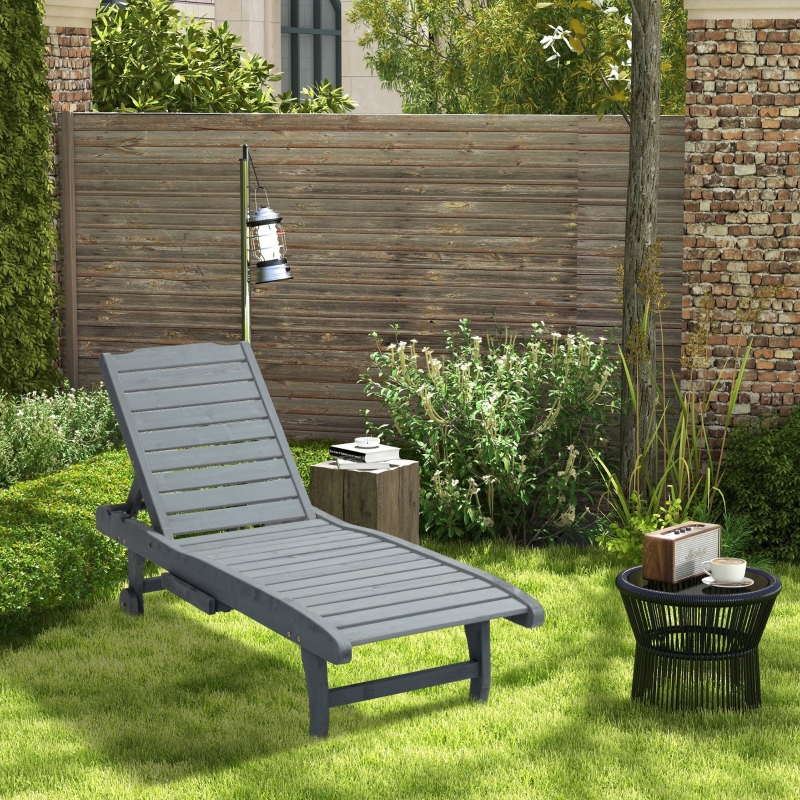 Best Garden Patio Sun Lounger, Outdoor Wooden Sun Bed with Built-In Table, Reclining Backrest and Rolling Wheels for Sunbathing, Grey - Image 10