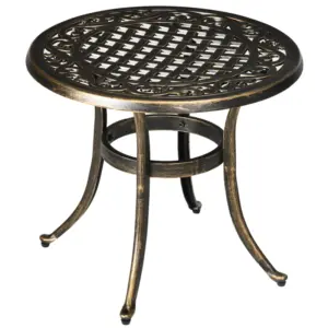Best 60cm Round Garden Table, Outdoor Hollow Top Design Side Table with Cast Aluminium Frame for Patio, Garden, Balcony, Bronze