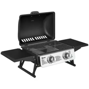 Best 2 Burner Gas BBQ Grill with Foldable Side Tables, Portable Tabletop Gas Barbecue Grill with Built-in Thermometer, Lid, Grease Tray for Garden Party Camping Picnic Outdoor Cooking 5.6KW, Black