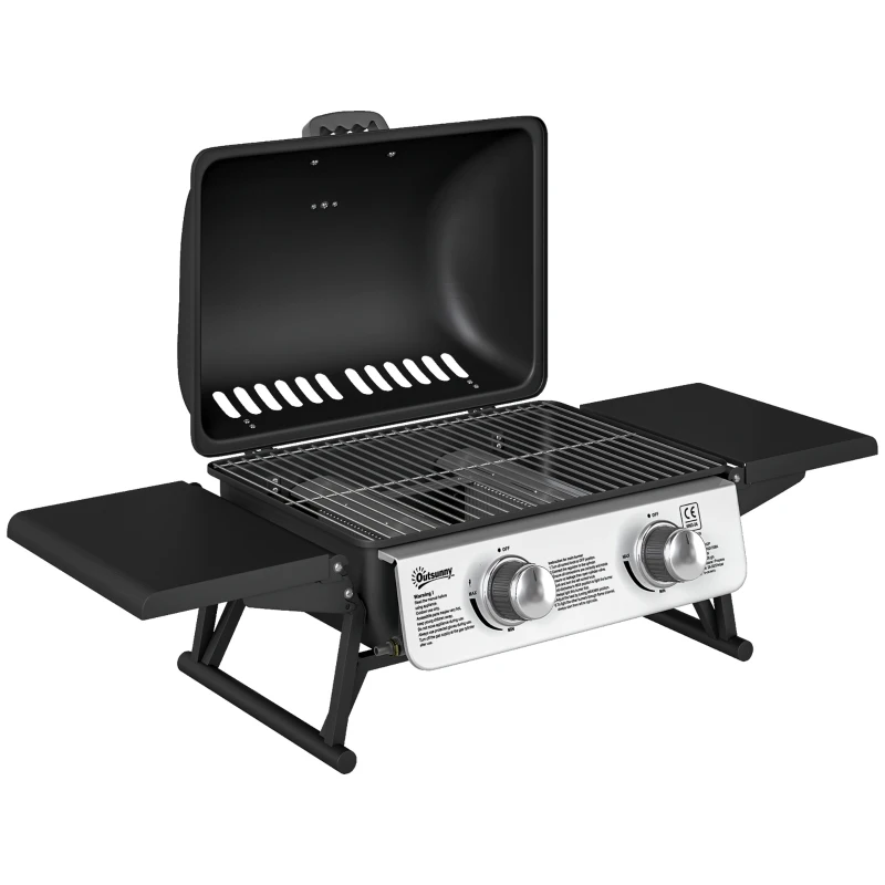 Best 2 Burner Gas BBQ Grill with Foldable Side Tables, Portable Tabletop Gas Barbecue Grill with Built-in Thermometer, Lid, Grease Tray for Garden Party Camping Picnic Outdoor Cooking 5.6KW, Black