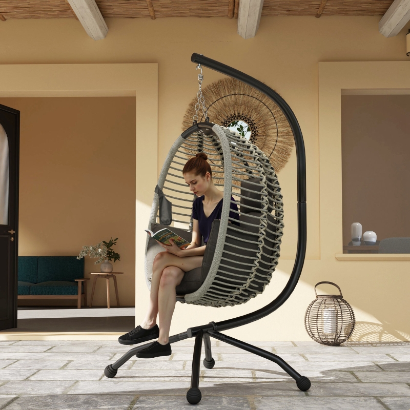 Best Outdoor Swing Chair with Thick Padded Cushion, Patio Hanging Egg Chair with Metal Stand, Foldable Basket, Cup Holder, Rope Structure for Indoor & Outdoor, Dark Grey - Image 10