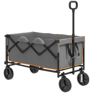 Best 160L Festival Trolley on Wheels, Folding Camping Trolley Cart w/ Tailgate, 100kg Heavy Duty Garden Collapsible Folding Wagon w/Adjustable Handle, Carry Bag for Beach Picnic, Grey and Orange