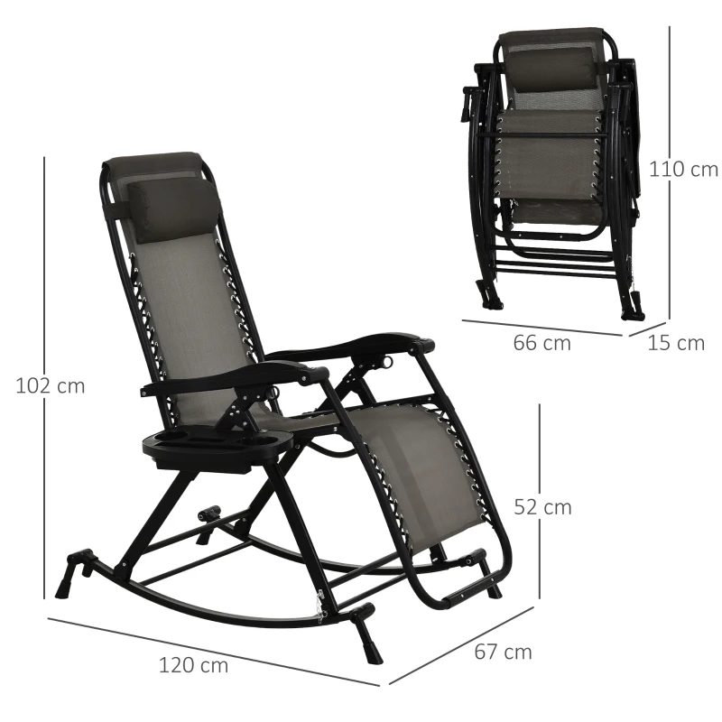 Best Garden Rocking Chair Folding Recliner Outdoor Adjustable Sun Lounger Rocker Zero-Gravity Seat with Headrest Side Holder Patio Deck - Grey - Image 3