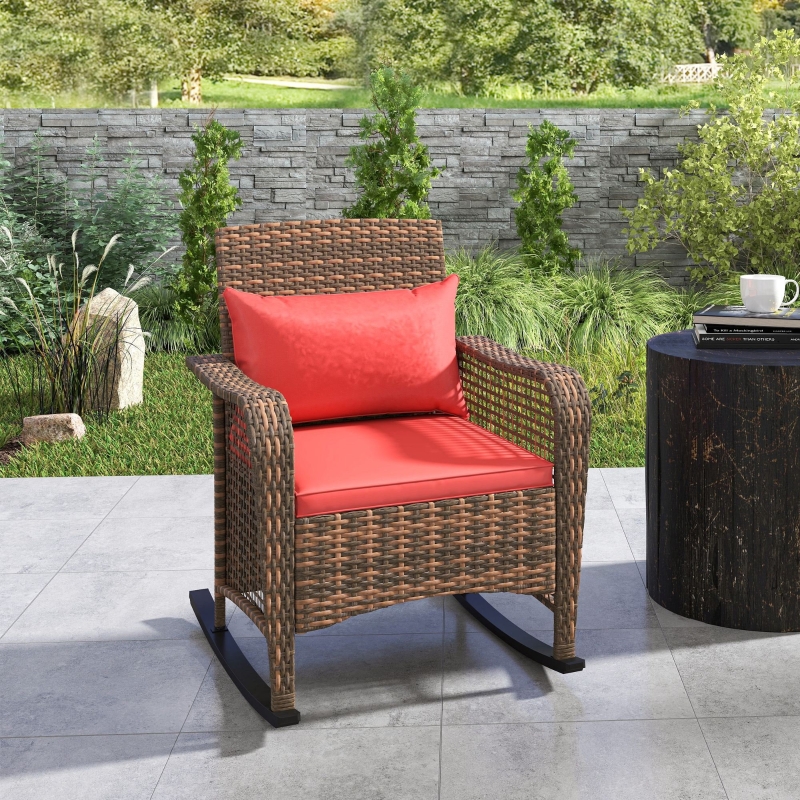Best Garden Rocking Chair, Outdoor Rattan Rocker Lounge Chair with Seat and Back Cushions, Patio Armchair Seat with All-weather Wicker, Steel Frame for Porch Balcony, Red - Image 9