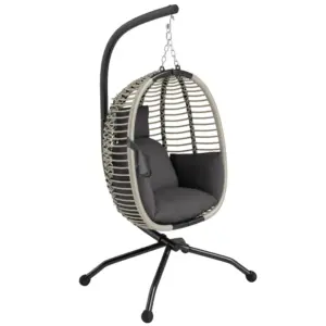 Best Outdoor Swing Chair with Thick Padded Cushion, Patio Hanging Egg Chair with Metal Stand, Foldable Basket, Cup Holder, Rope Structure for Indoor & Outdoor, Dark Grey