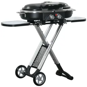 Best Foldable Gas BBQ Grill 2 Burner Garden Barbecue Trolley w/ Lid Side Shelves Storage Pocket Piezo Ignition Thermometer, Aluminium Alloy