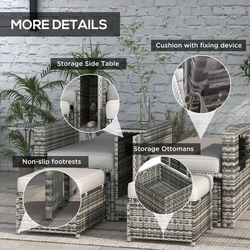 Best Rattan Sun Lounger w/ Storage Tea Table & Footstools, Grey - Image 7