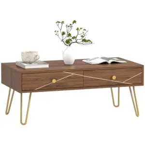 Best Coffee Table with Storage, Living Room Table with Drawers, Rectangular Tea Table with Steel Base for Home, 100 x 50 x 41 cm, Brown