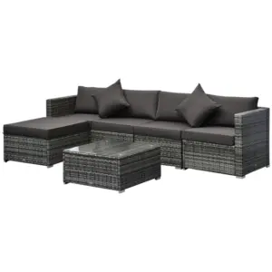 Best 6 Pieces Rattan Garden Furniture Set, 5 Seater Sectional Garden Corner Sofa Set with Glass Top Coffee Table, Cushions and Pillows, All-Weather Wicker Conversation Furniture, Grey