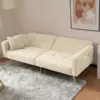 Sherpa Convertible Sofa Bed with 2 Side Pockets, Adjustable Backrest, Gold Legs, Elegant Loveseat for Bedroom, 176L x 64W x 75H cm, Beige - Image 6