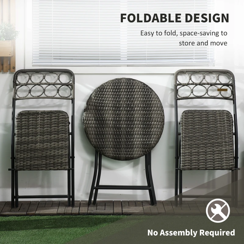 Best 3 Pieces Rattan Bistro Set, Wicker Folding Garden Furniture Set with Coffee Table and Chairs for Outdoor, Patio, Balcony, Grey - Image 4